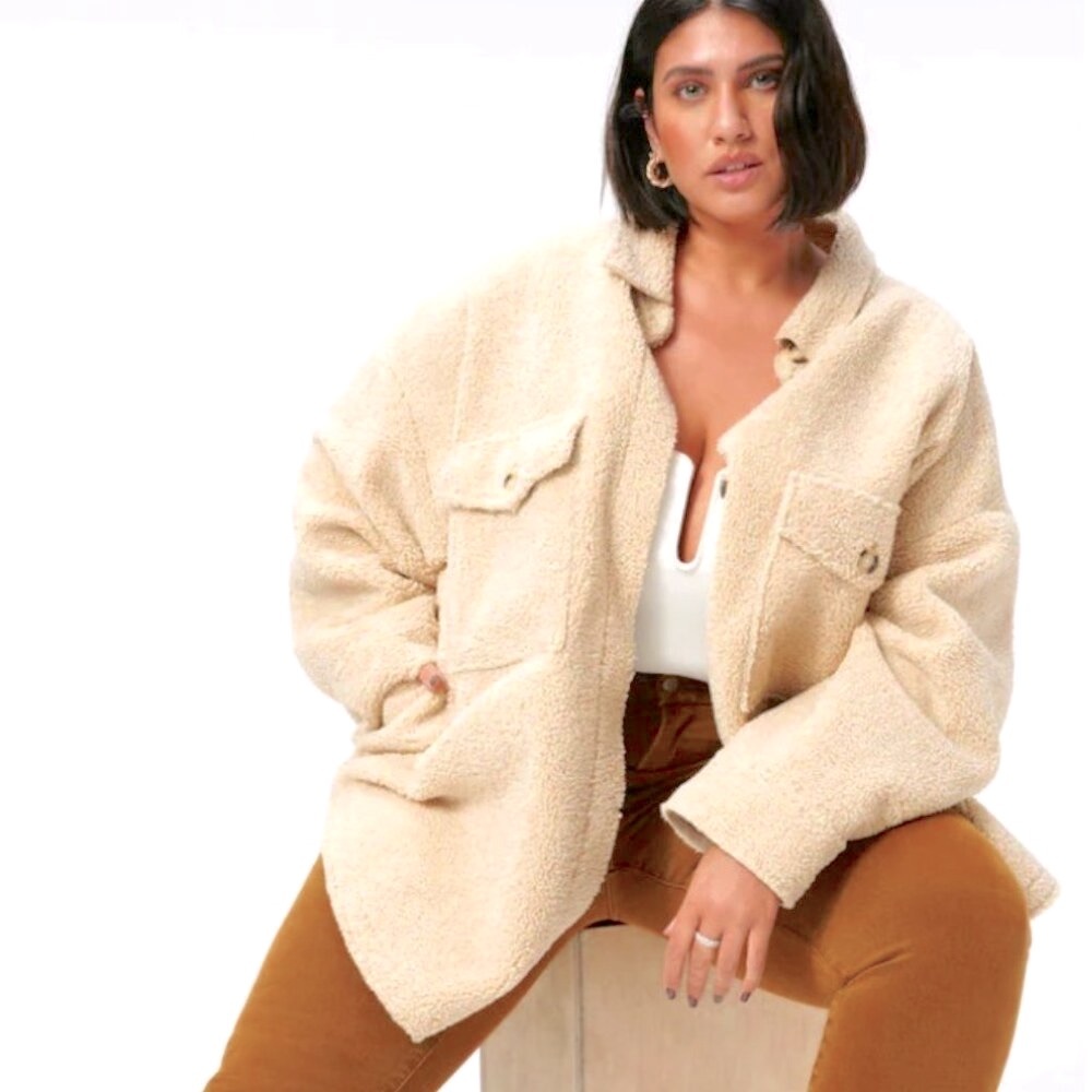 GOOD AMERICAN Cozy Sherpa Shacket in Tusk, 2X/3X NWT